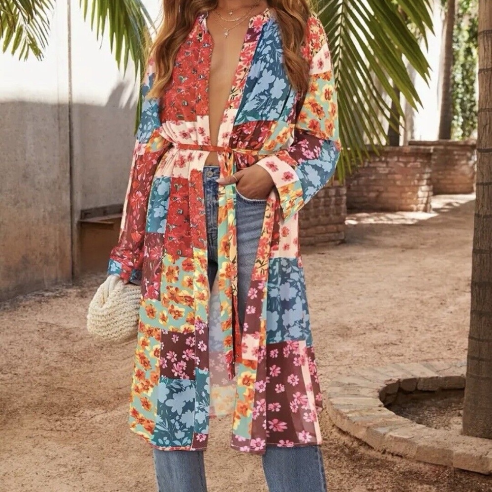 Boho Retro Vintage Floral Sheer Chiffon Kimono Gypsy Robe Duster beach coverup - Picture 3 of 5